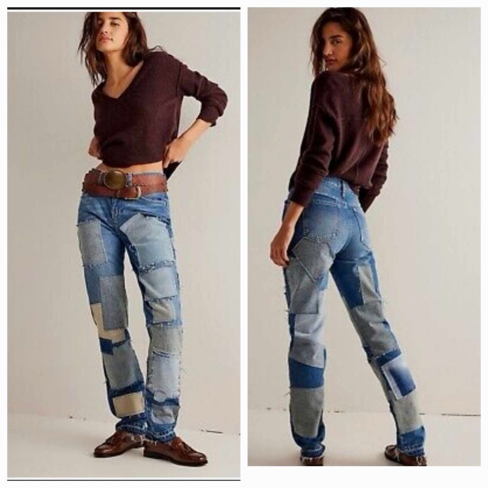 Free People Patchwork Straight-Leg Jeans in Blue and Tan